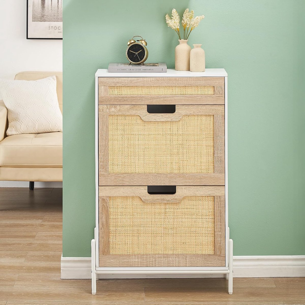 Rotan schoenenkast voor de hal- schoenen opbergkast met 2 deuren en 1 uitschuiflade- 24 cm diepe kast voor hal- gang- woonkamer- slaapkamer-Natuurlijke houtkleur- 99 * 45 * 17 cm