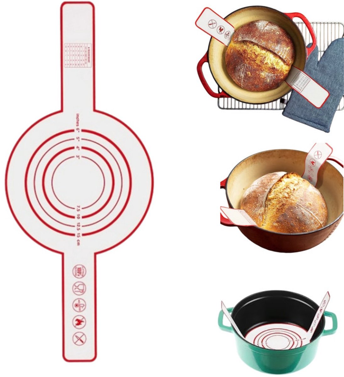 Siliconen bakmatten- Herbruikbare Deegmat - Lange Handvatten - Sling Bakmat – Siliconen bakmat met lange handgrepen – Herbruikbare bakmat voor brood – Geschikt voor zuurdesem, deeg en pizza ( rond 52.5 x 21.5 cm)
