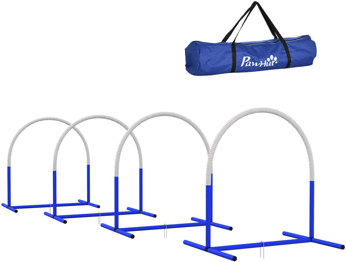 Behendigheidsset voor honden - hondentraining - 4 bogen - voor beginners - met draagtas - blauw+wit - 88 x 64 x 95 cm