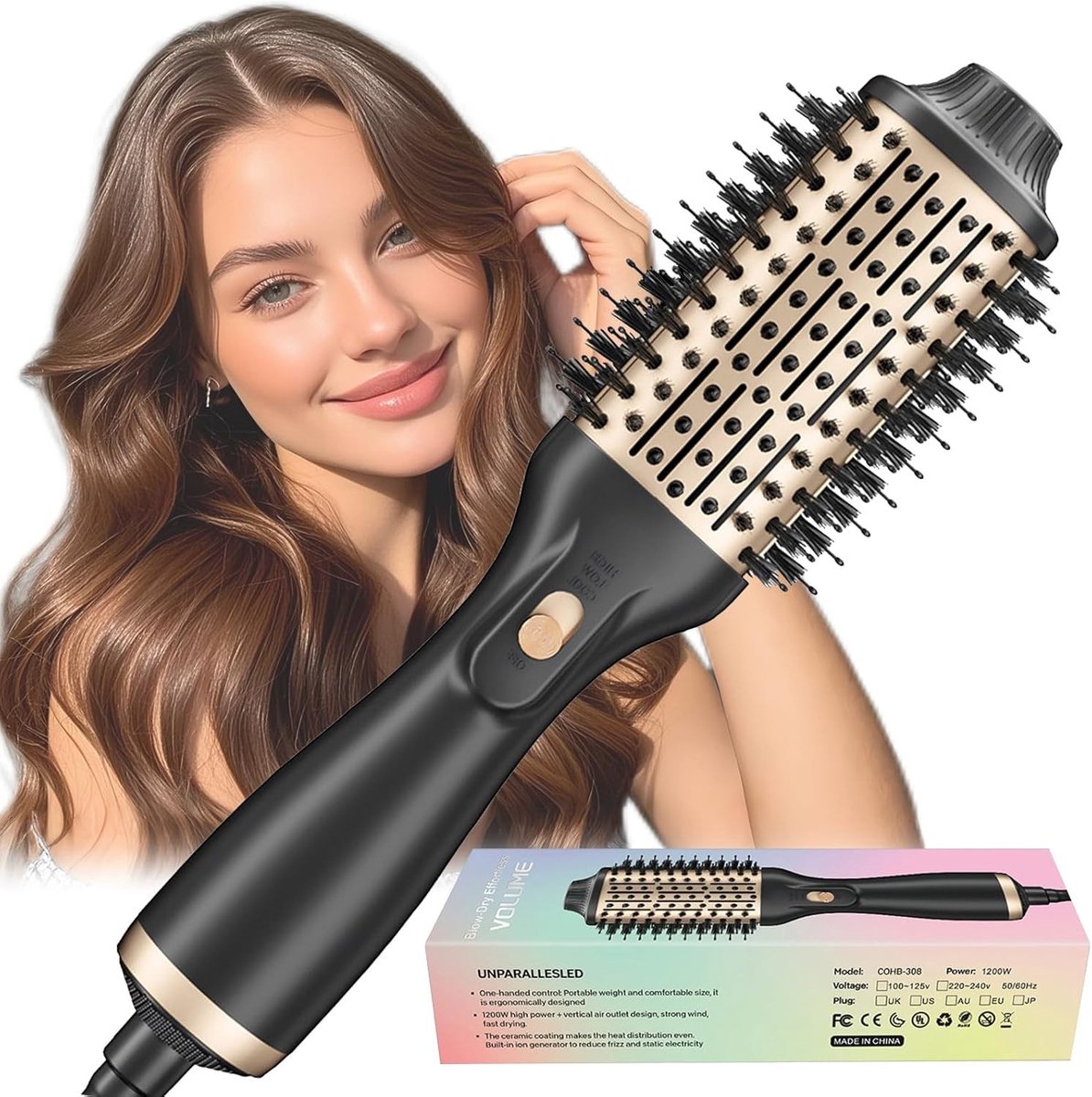 Haardrogerborstel - Zwart - 1200 W - 4-in-1 Professionele Heteluchtborstel - Voor Dames