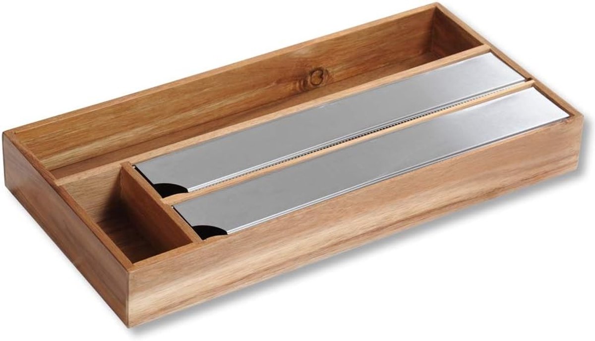 Foliehouder - Bruin - 42 x 19 x 5,4 cm - Acaciahouten Organizer met 3 Vakken - Voor Keuken en Opbergruimte