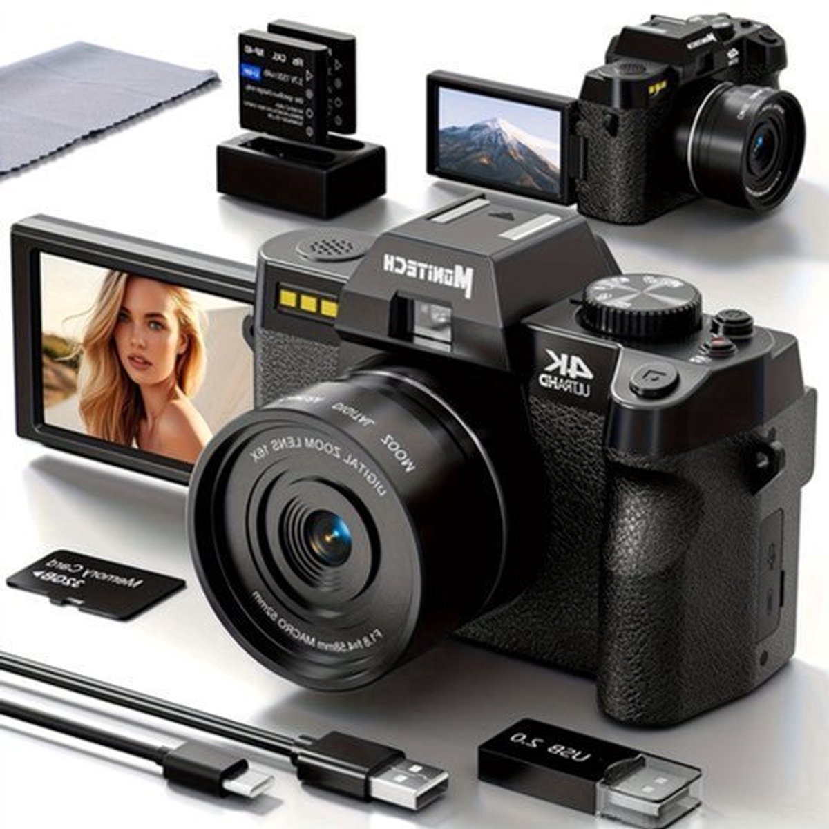 Digitale Camera – Fotocamera – Vlogcamera – Compact Camera – Reiscamera – 48 Megapixel Sensor – 180° Kantelbaar OLED-scherm – Zwart