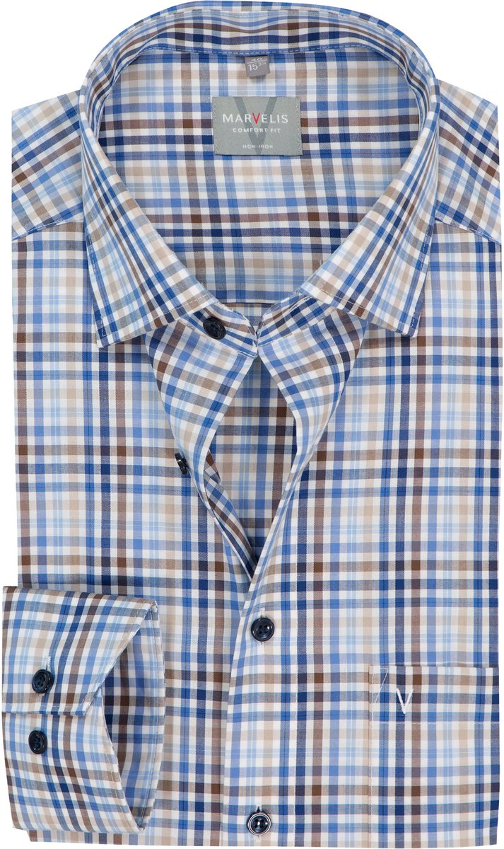 MARVELIS comfort fit overhemd - popeline - wit met blauw - beige en bruin geruit - Strijkvrij - Boordmaat: 48 (EU maat: 3XL)