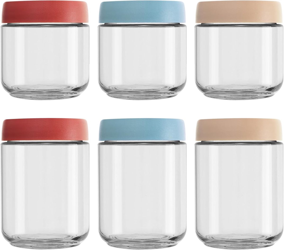 Bobypet - Overnight oats potjes - Glazen voorraadpotten met deksel - Set van 6 - 3 x 350 ml en 3 x 480 ml - Voedselgeschikt glas - Voor havermout, yoghurt en ontbijtvoorbereiding - Rood, geel, blauw