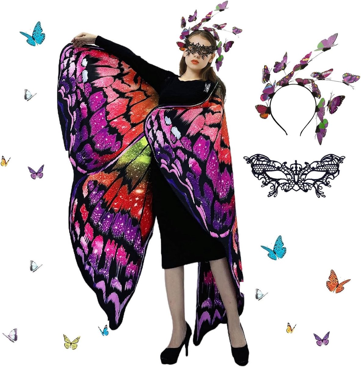 Vleermuisvleugel Kostuum voor Vrouwen - Schaal Cape met Vlinders voor Carnaval, Cosplay en Halloween Feestjes
