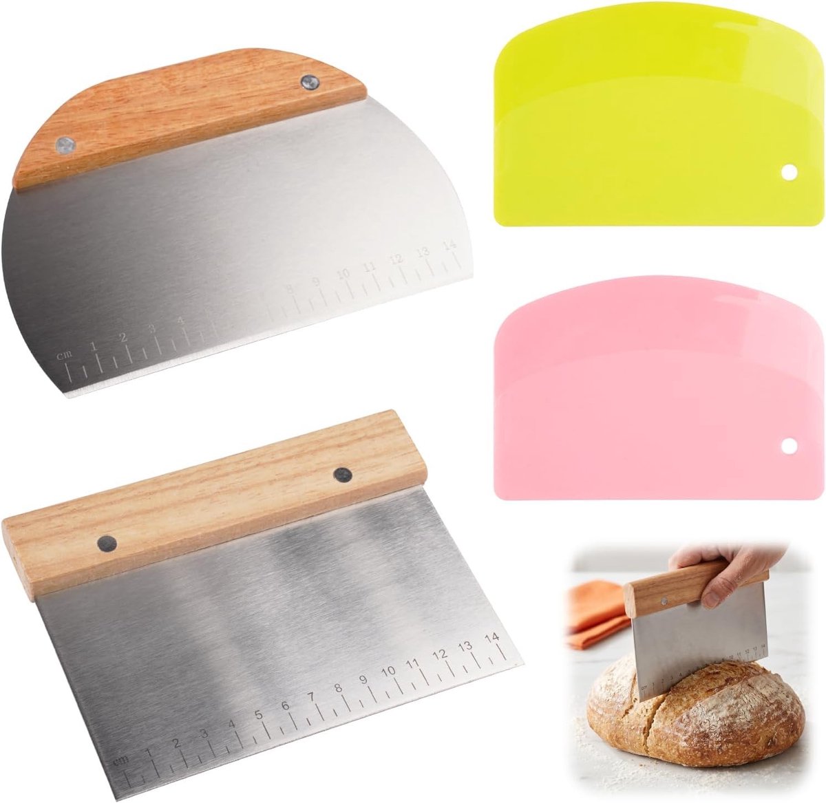 Rasqueta voor Deeg en Brood, Raspador van RVS met Houten Handvat, Inclusief 2 Plastic Spatels voor Pizza, Taart en Bakken