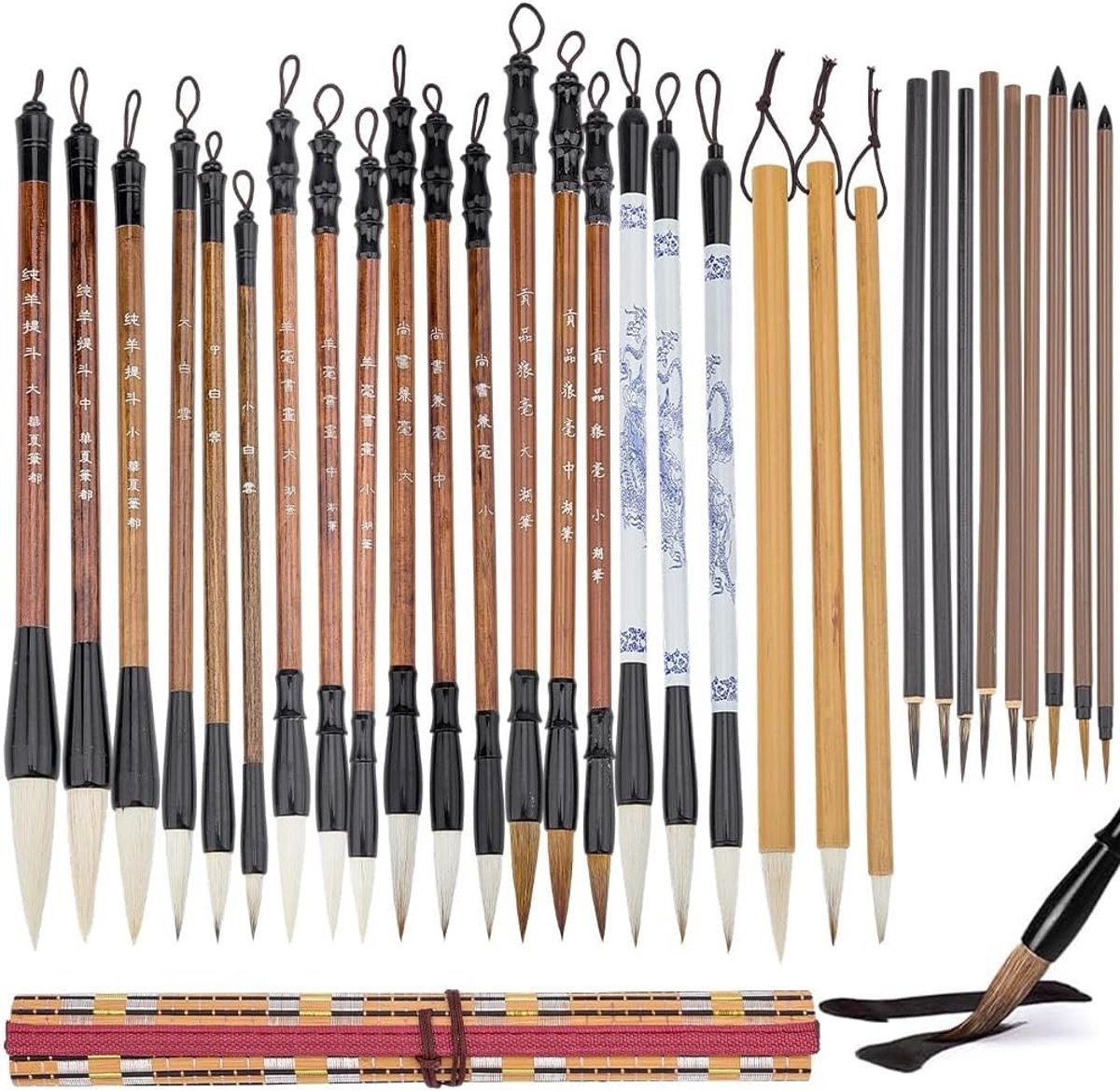Complete Set van 30 Chinese Calligrafie Penselen voor Schrijven en Schilderen, Inclusief Bamboe Houder en Ideaal Cadeau voor Beginners en Kunstliefhebbers