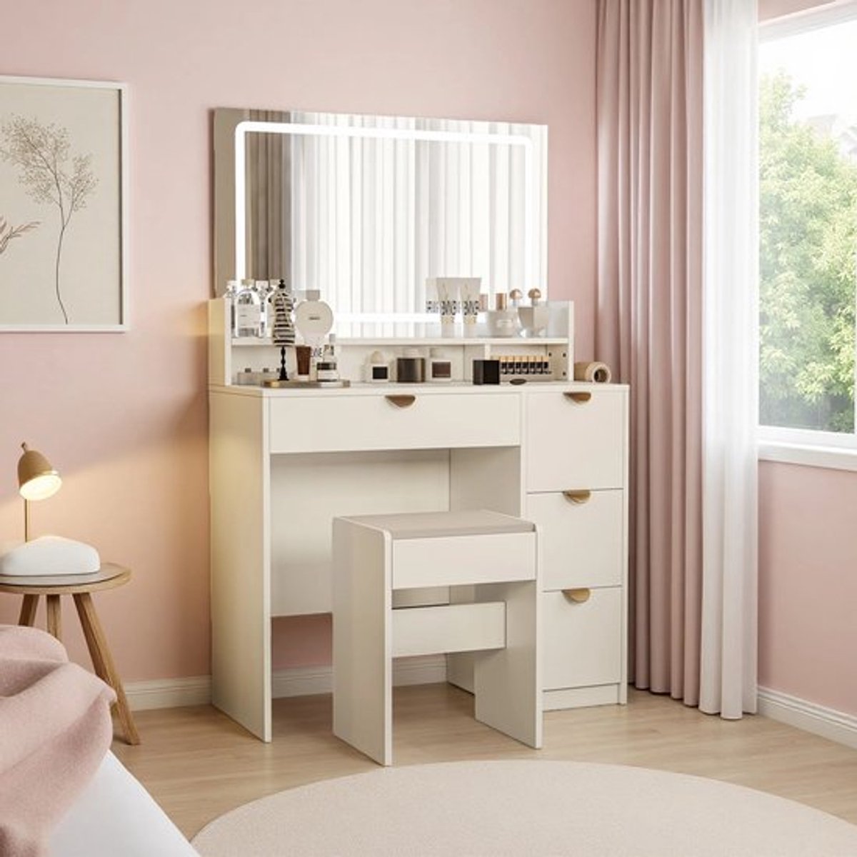 Kaptafel met verstelbare LED-verlichting en stopcontacten, kaptafelset met spiegel en kruk, cosmetische tafel
