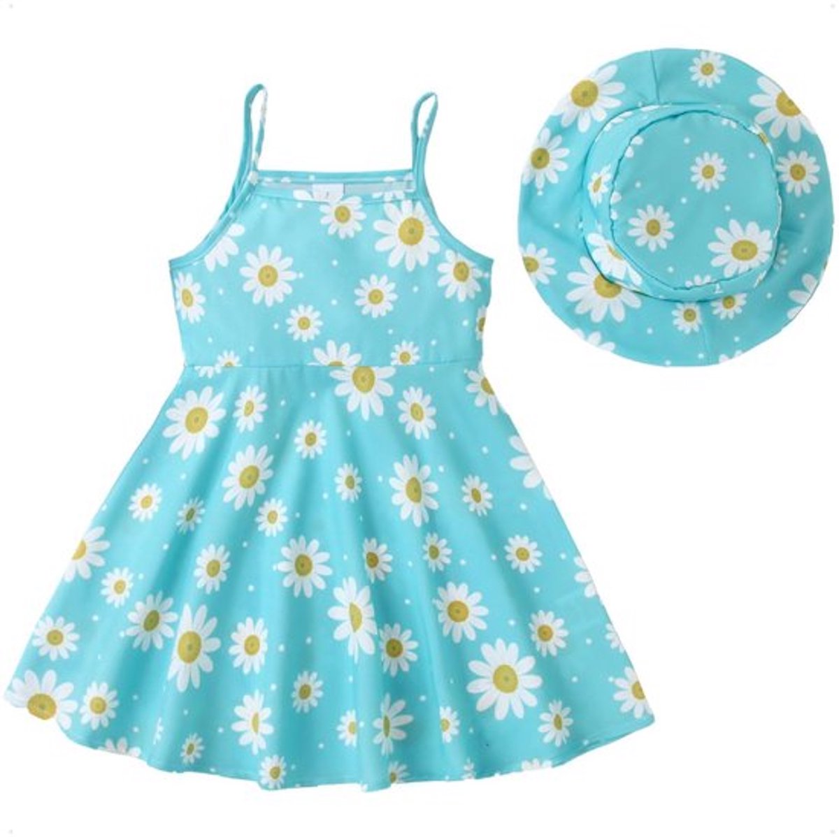Mouwloze jurk voor meisjes, madeliefjes, jurk + muts, 2-delige set, bloemenjurk voor meisjes, kleding voor lente en zomer, voor 0-3 jaar (groen/roze)