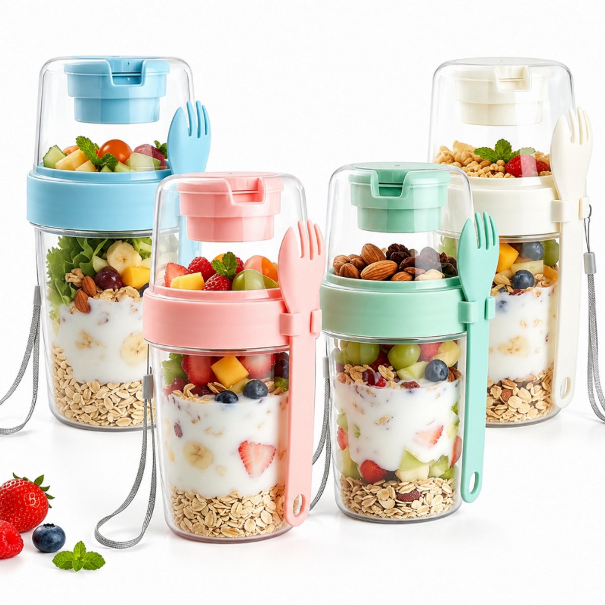Lunchbeker 4stucks- Yoghurt Beker To Go - Draagbare Mueslibeker - 300+500ml - Met Deksel Met Lepel - Voor Havermout, Fruit En Ontbijtgranen