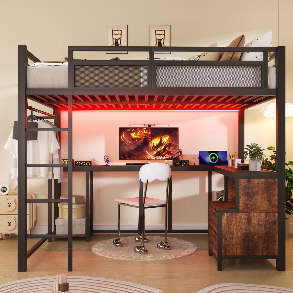 COVREO Hoogslaper 140x200 cm zwart metaal en hout, bureau, LED en USB