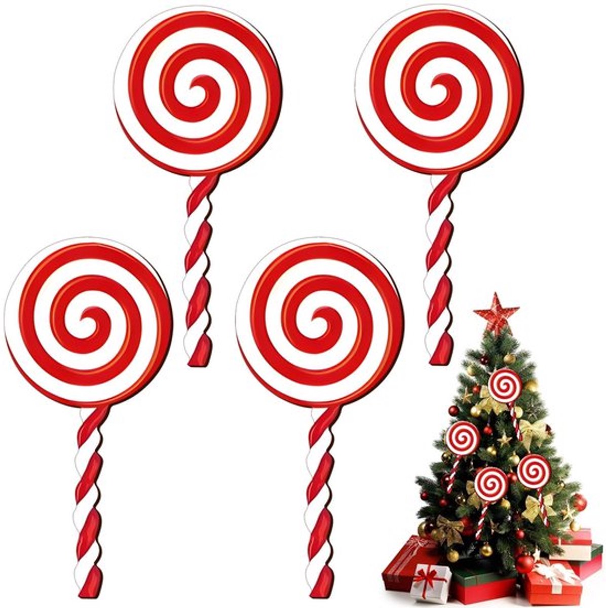 Snoep Ornamenten 4 Stuks - Houten Snoepdecoraties - Kerstboom Decoratie - Rode/Witte Snoepjes - Geschikt voor Feestdagen - 12 Inch Grootte - Kerstdecoratie