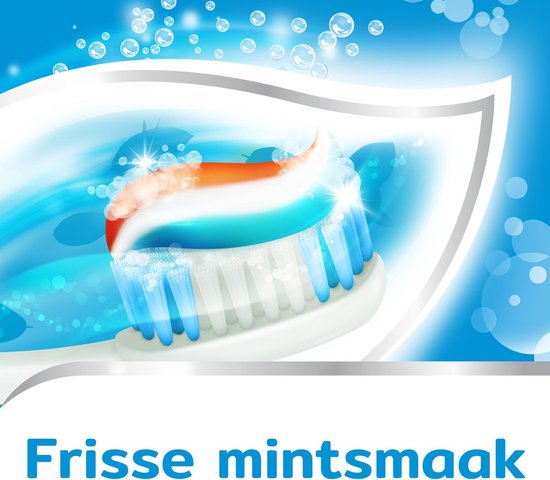 Tandenborstel met tandpasta in rood, wit en blauwe kleuren, met bubbels. "Frisse mintsmaak".