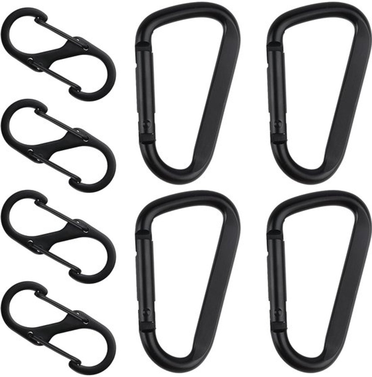Karabijnhaken Set van 8 - D-clips/S-karabijnhaken - Aluminium/Metaal - Duurzaam/Robuust - Voor Kamperen/Wandelen - Slijtvast/Krasbestendig - Haakjes