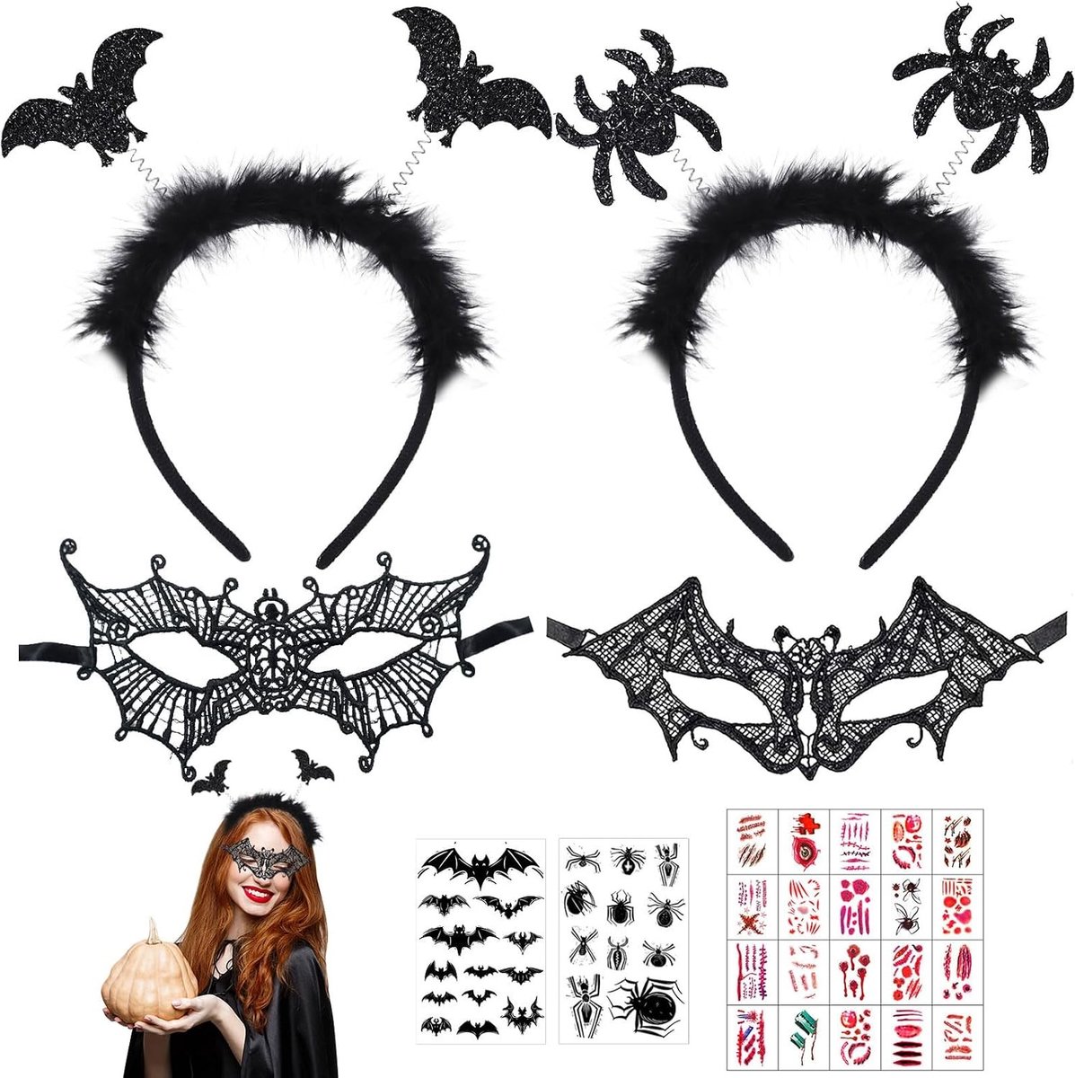 Halloween Haarbanden voor Vrouwen - 3/6 Stuks, Vampier Accessoires, Sexy Lace Masker en Bat Stickers voor Kostuumfeest