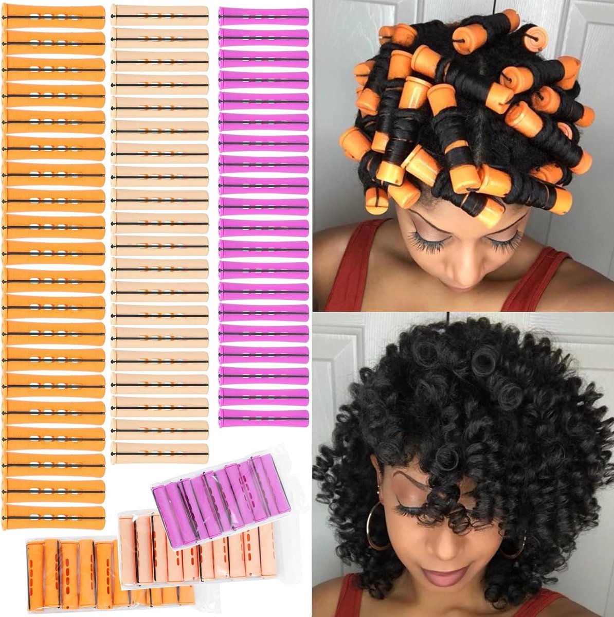 Krulspelden Set - Permanente Staven Haarrollers - Haar Krullen - Antislip Hittevrij - 60 Stuks 3 Maten - Oranje Geel Paars