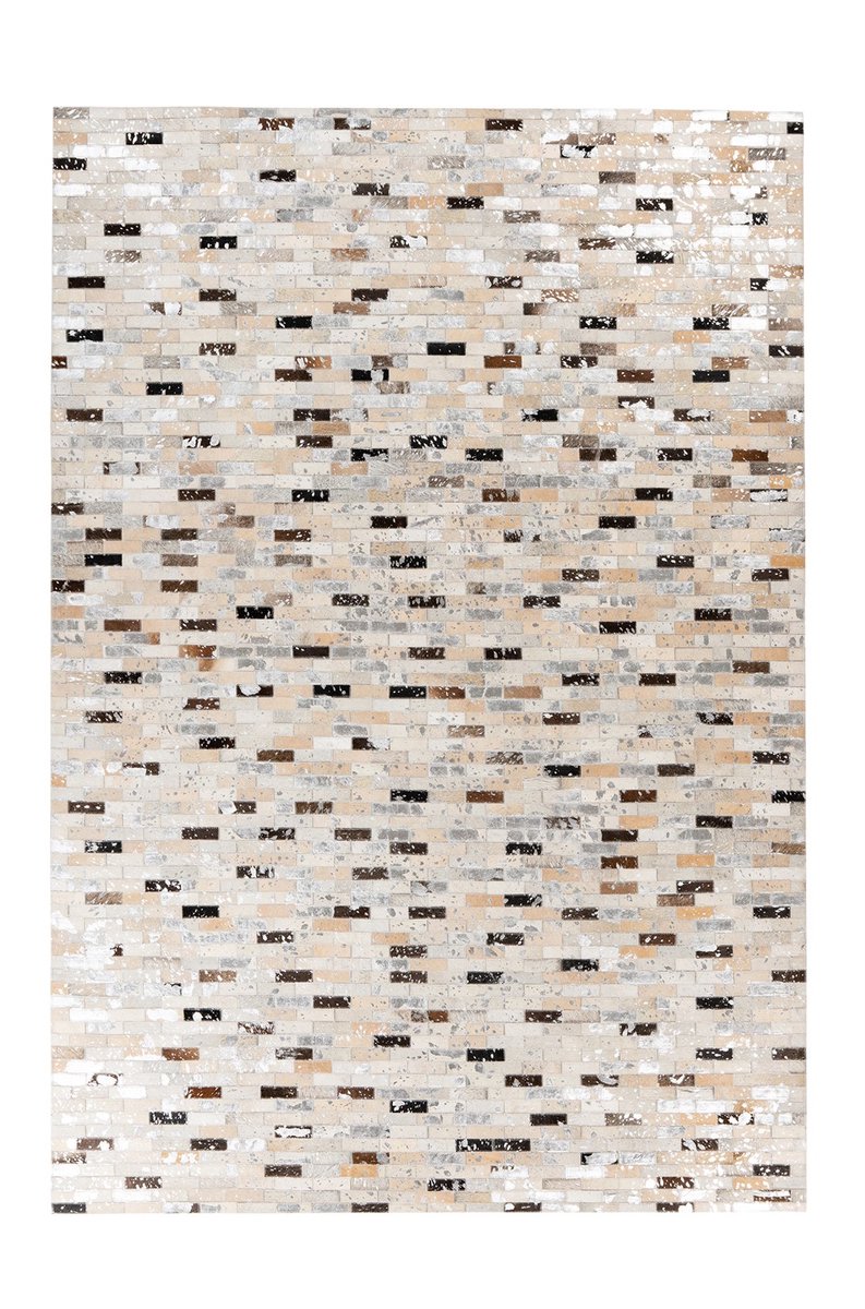 Padiro leren vloerkleed 120 x 170 cm - zwart / creme - modern patchwork design - met kleine rechthoekige vlakken - mozaïek stijl - geschikt voor vloerverwarming - handgenaaid - van leer