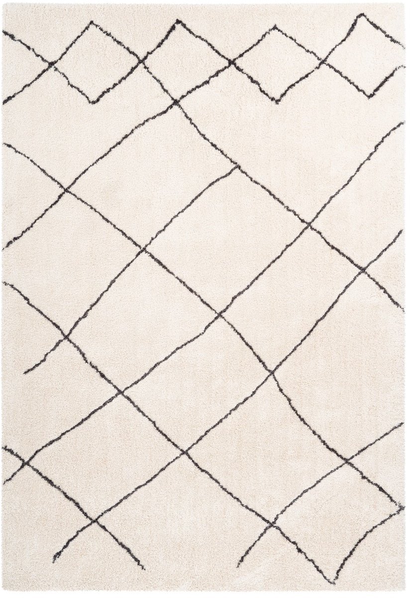Padiro hoogpolig vloerkleed 80 x 150 cm - crème / off-white - modern geometrisch patroon - geschikt voor vloerverwarming - van polyester