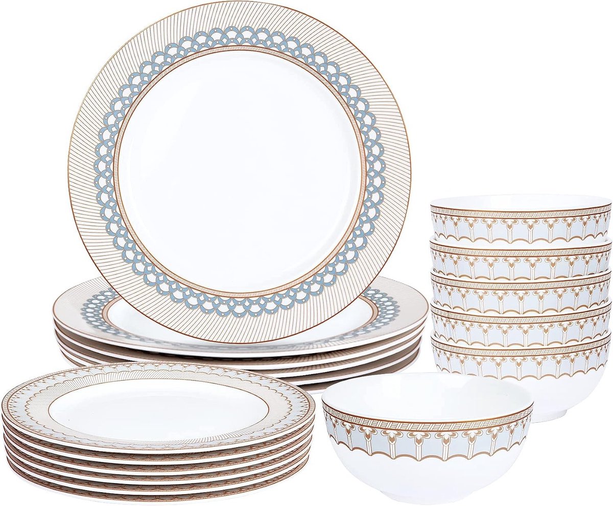 Steengoed dinerset - Bruin - 18-delig - Porselein met Gouden Rand - Serviesset voor 6 Personen