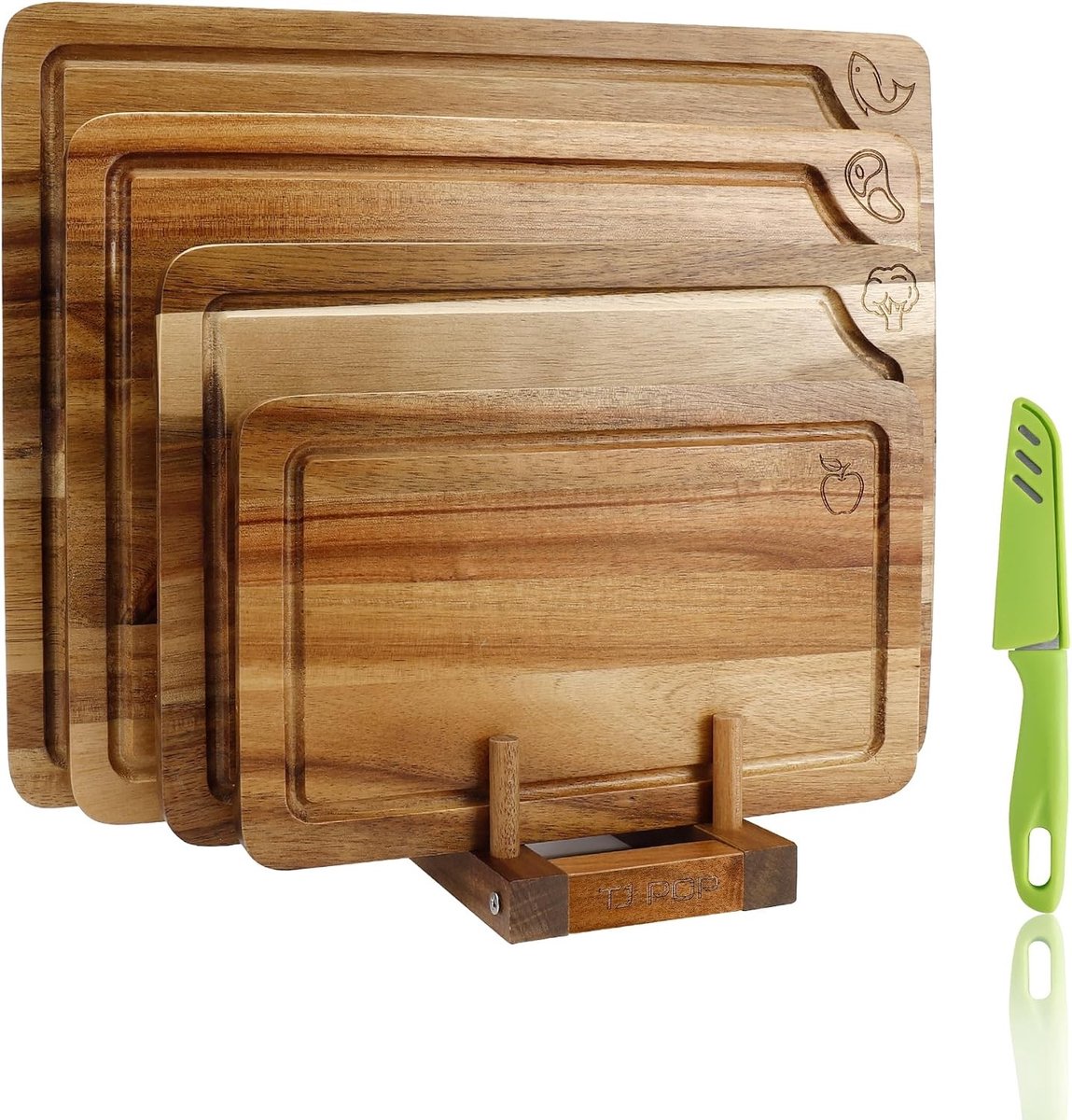Snijplankenset met houder - 4-delige houten snijplanken - Acaciahout - Voor vlees, vis, groenten en fruit