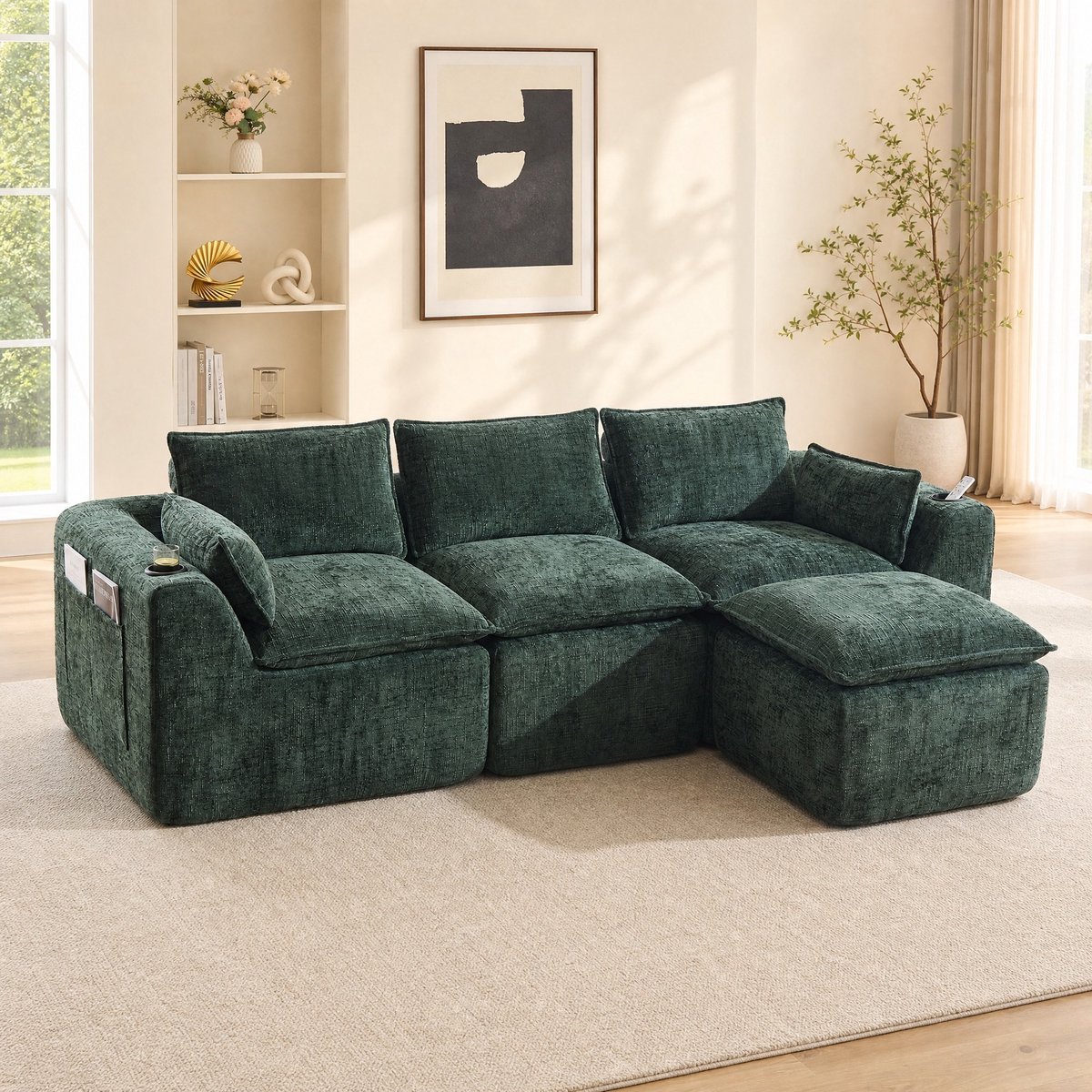 Wishdor Hoekbank met voetenbank - Modulaire 3-zits - Kussens, bekerhouder en zijvakken - Chenille - Donkergroen - 256 x 161 x 75 cm