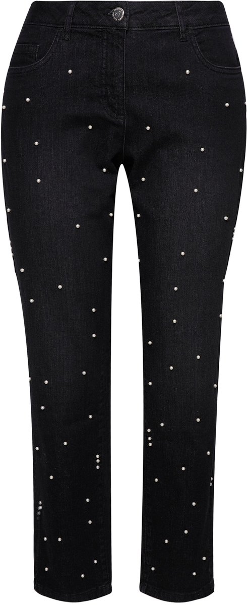 MIAMODA - Dames - Jeans wijde pijp sierkraaltjes 5-pocket - Zwart - Maat 48