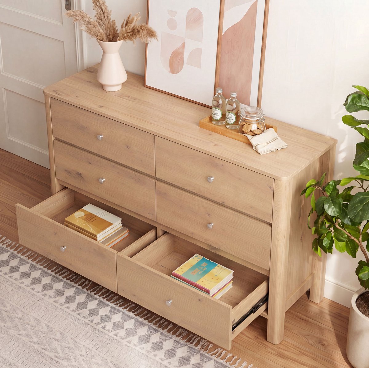 FloraGrace Dressoir - Kommode Met 6 Lades En Ruime Opbergruimte - Voor Woonkamer, Eetkamer En Slaapkamer - Spaanplaat - 120x40x80 Cm - Eiken