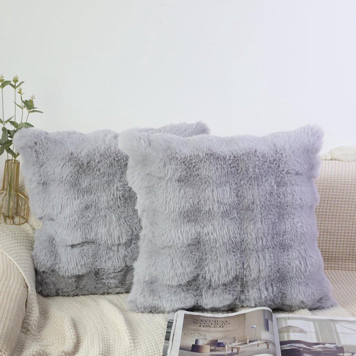 Set van 2 grijze kussenslopen 40 x 40 zachte pluizige kunstbont kussenhoes dikke pluche luxe decoratieve kussens moderne Marokkaanse hoezen slaapkamer sofa kussens