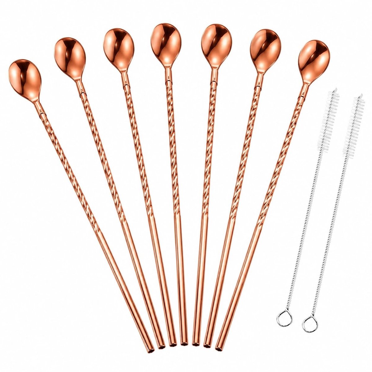 Dailygoods - Rietjeslepels 6 Stuks RVS 21,7cm met 2 Borstels | Herbruikbare rietjes met lepel voor latte macchiato, ijskoffie, cocktail, milkshake, smoothie, bar en thuisgebruik