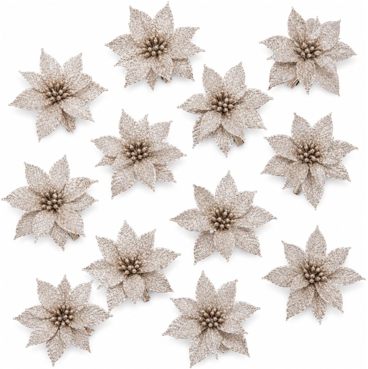 Cosy & Trendy Decoratie rozen bloemen - 12x st - champagne - glitter - op clip - 8 cm - kerstversiering