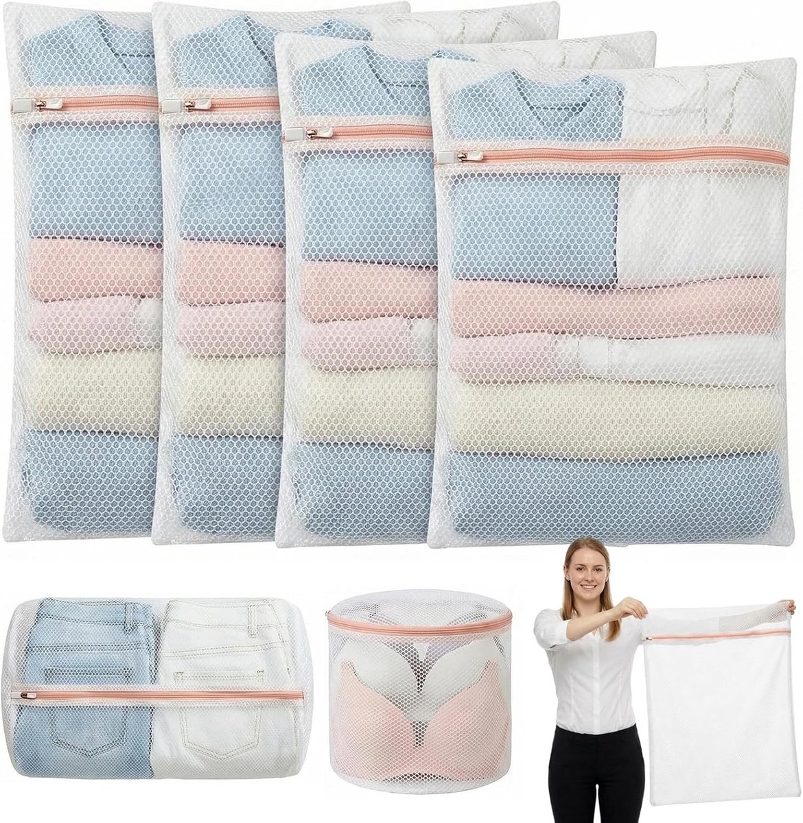 Set van 6 Grote Waszakken voor de Wasmachine, Diverse Maten, Sterke Wasnetten met Rits voor Fijne Was, Ondergoed, Sokken en Kleding