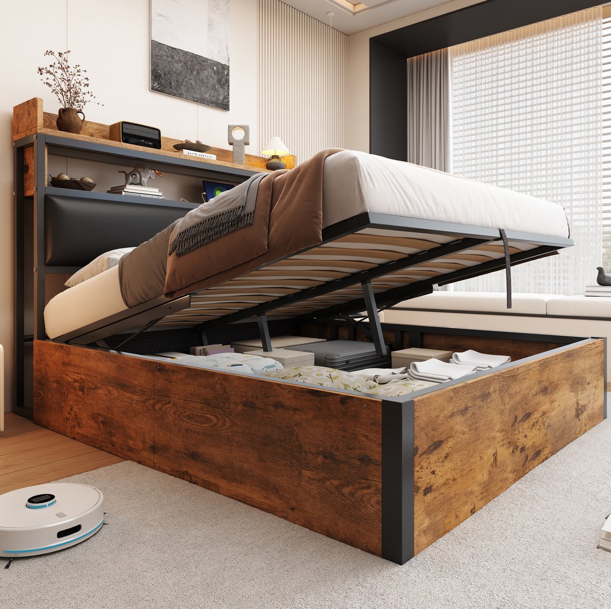 COVREO Bedframe 140x200 cm - zwart, opbergruimte, USB, zonder matras