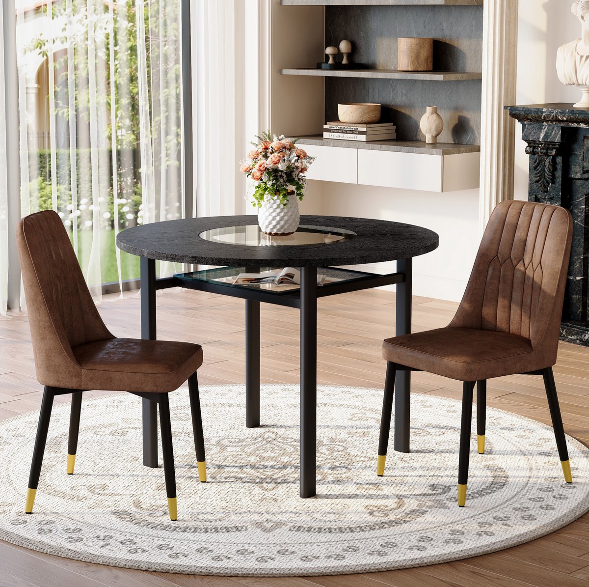 MEUNIQ Ronde eettafelset met 2 stoelen, 100 cm tafelblad met glasinleg en glazen legplank,