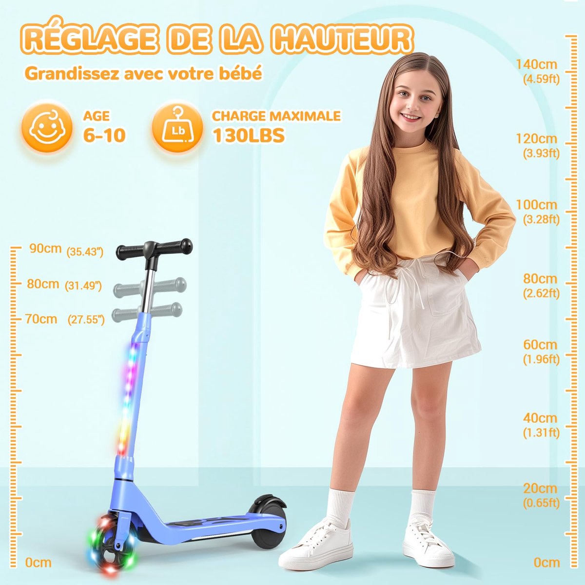 SnelShoppen - Elektrische step voor kinderen 6-10 jaar, 5,3 inch met kleurrijk ledlicht, 3 verstelbare hoogtes, maximale snelheid 10 km/u, kinderstep