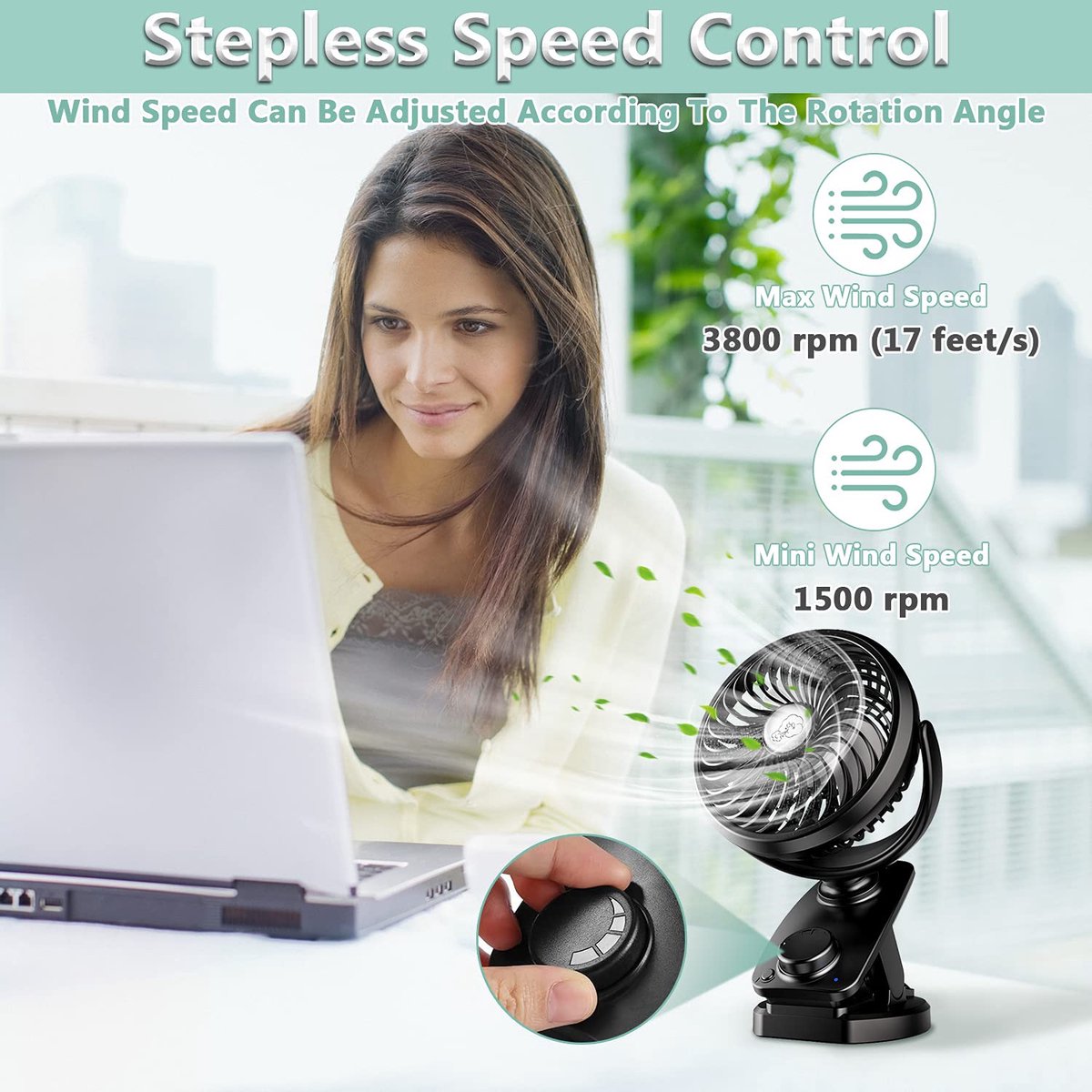 SnelShoppen - Verbeterde mini-USB-clipventilator 5000 mAh, 2-in-1 tafelventilator met auto-oscillatie, stille traploze snelheid, USB-oplaadbaar, draag
