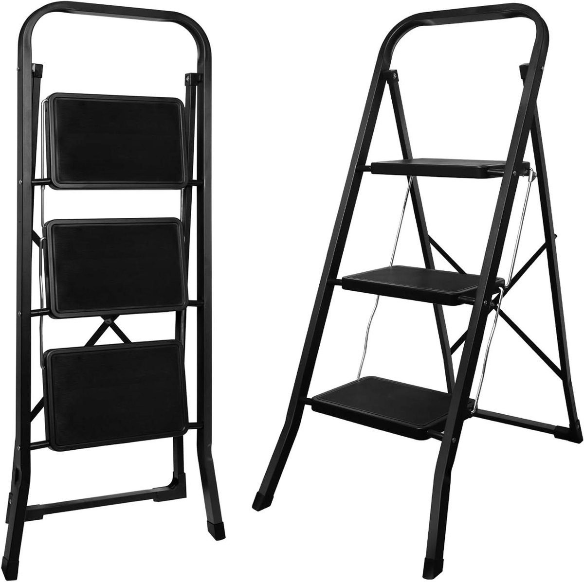 Trapladder 3 treden - Vouwladder huishoud - Klusjes in huis - Robuuste ijzeren constructie - 150 kg belastbaar - Zwart