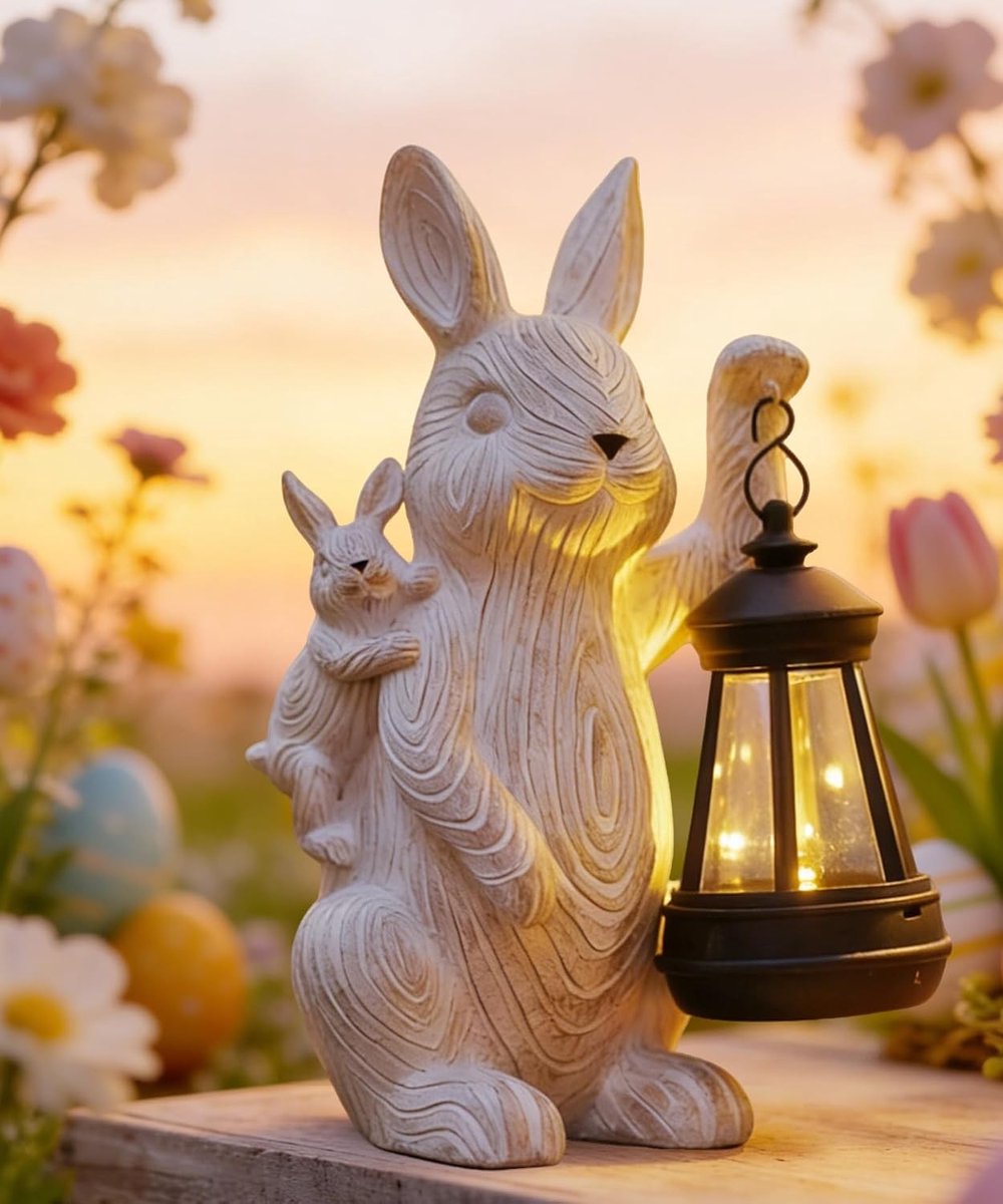 Zonnetje Tuinornamenten met Lantaarn - Waterdichte Hars Konijn Moeder en Baby Beeld voor Tuin en Balkon Decoratie - Unieke Cadeaus voor Moeder, Vrouwen en Mannen met Pasen