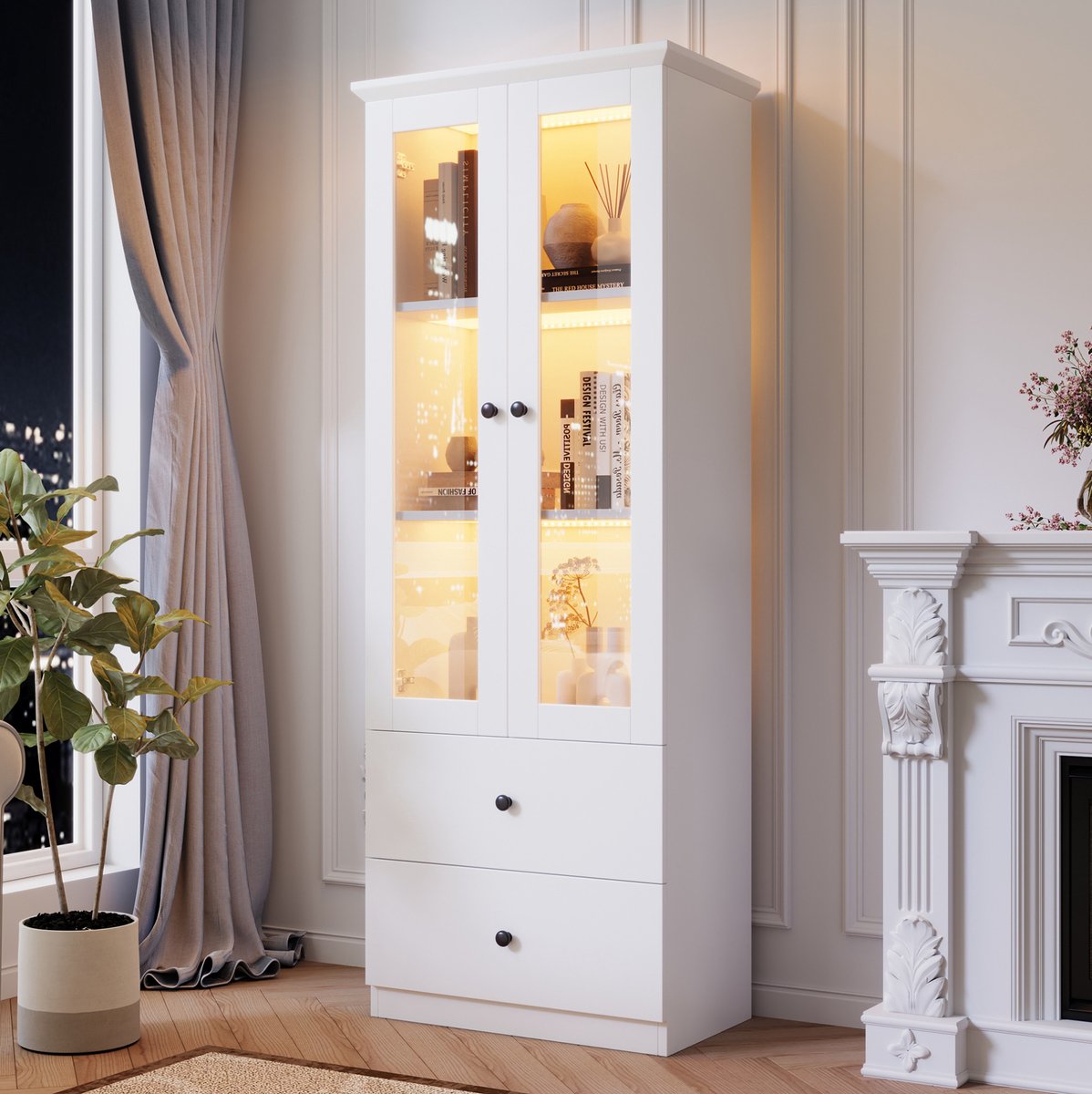 COVREO Boekenkast 60 x 35,5 x 165 cm wit met glazen deuren, 2 lades en verstelbare planken