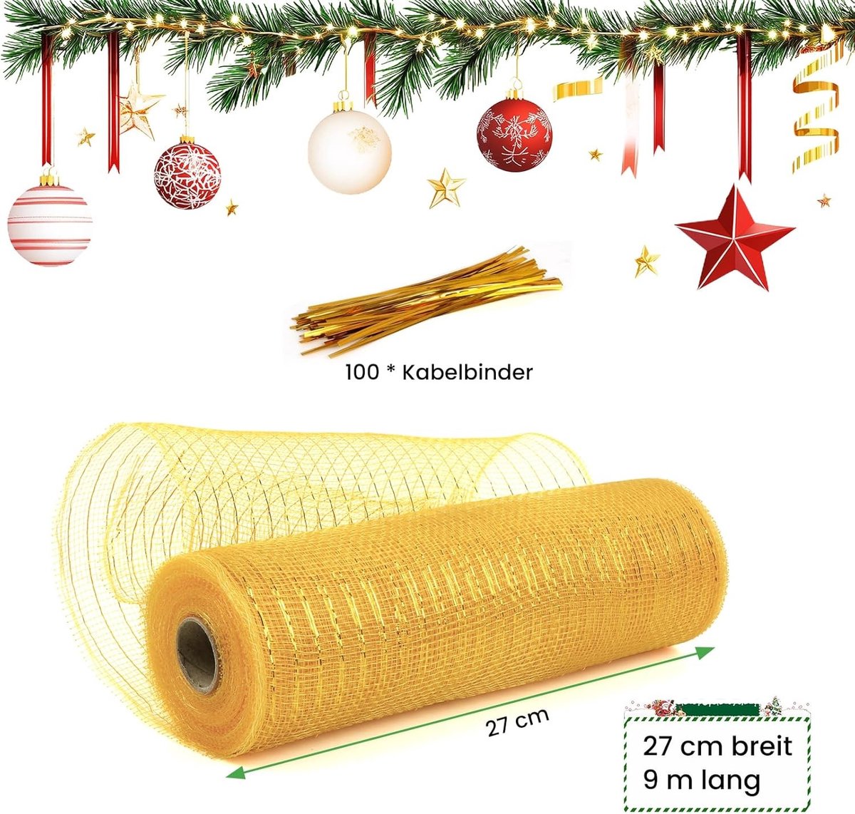 Kerstlint Gouden Lametta - Decoratieband Slinger - Kerstboom Versieren - Extra Breed Poly-Mesh - 27 cm x 9 m - Goud – foto 6