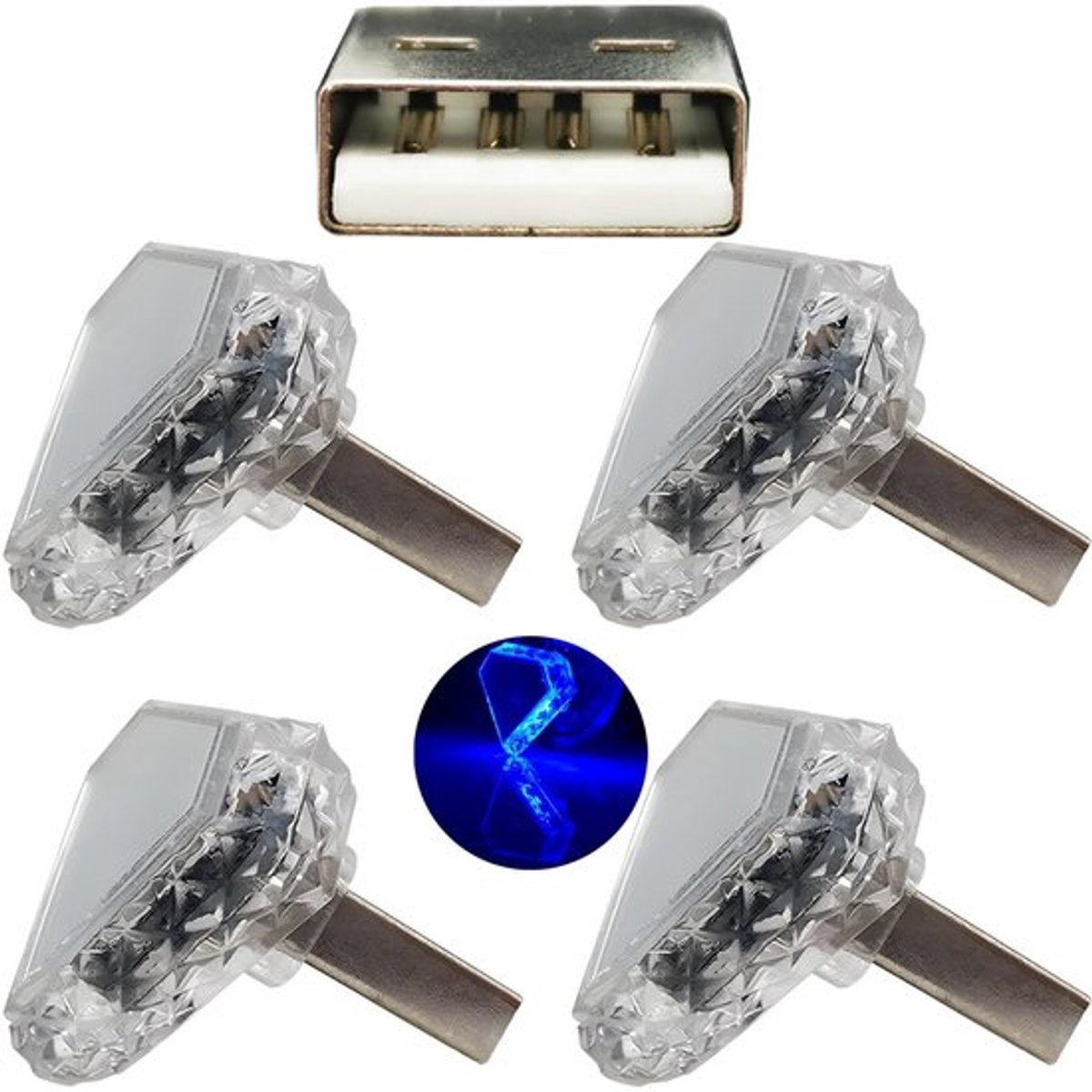 Auto Sfeerlicht - USB Noodlampje - Klein en Handig - Blauw - Nachtlampje - Geschikt voor Auto's en Powerbanks - 4 Stuks