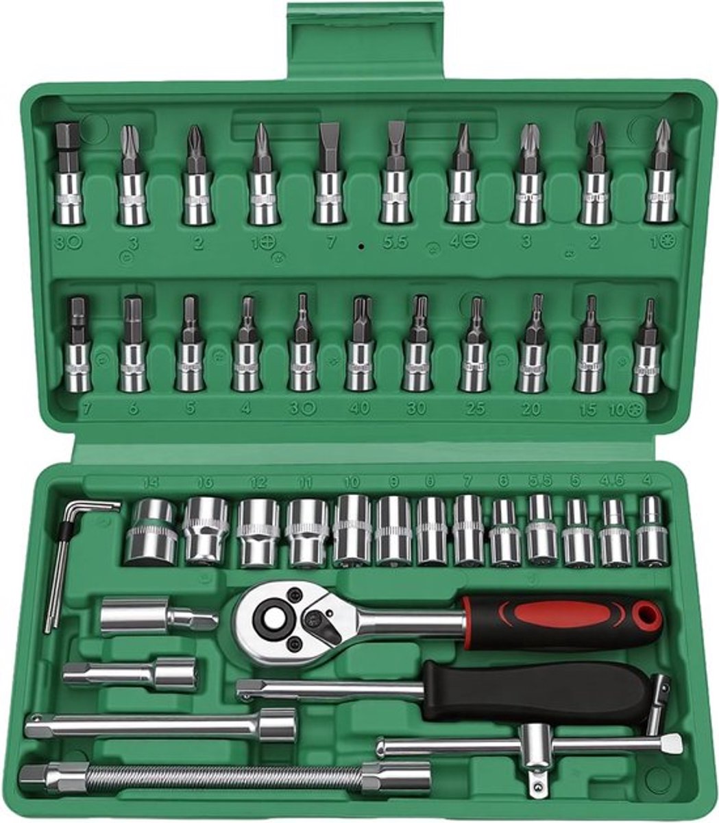 SnelShoppen - 46-delige Dopsleutel Set 1/4 Inch Ratchet Box, Snelle Verandering, Hoogwaardige Chrome Vanadium Staal, Gereedschap voor Auto en Huis, Gr