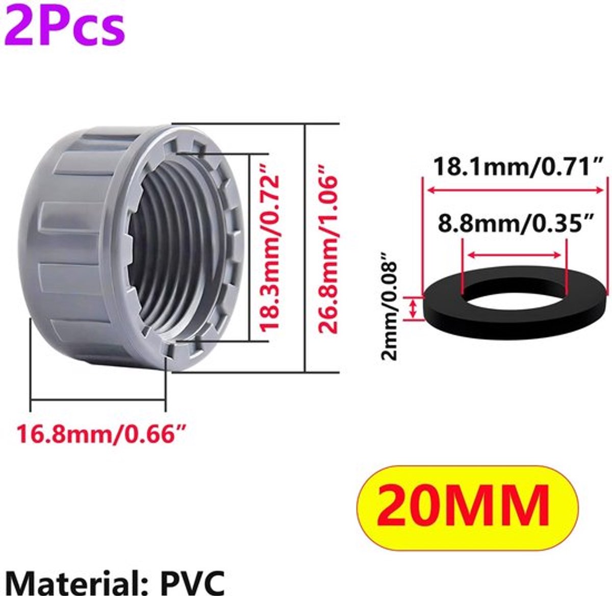 PVC Plug 20 mm - Set van 2 - Hoogwaardige PVC - Waterdichte afdichting - Inclusief rubberen ring - Schokbestendig en duurzaam - Pvc Dop