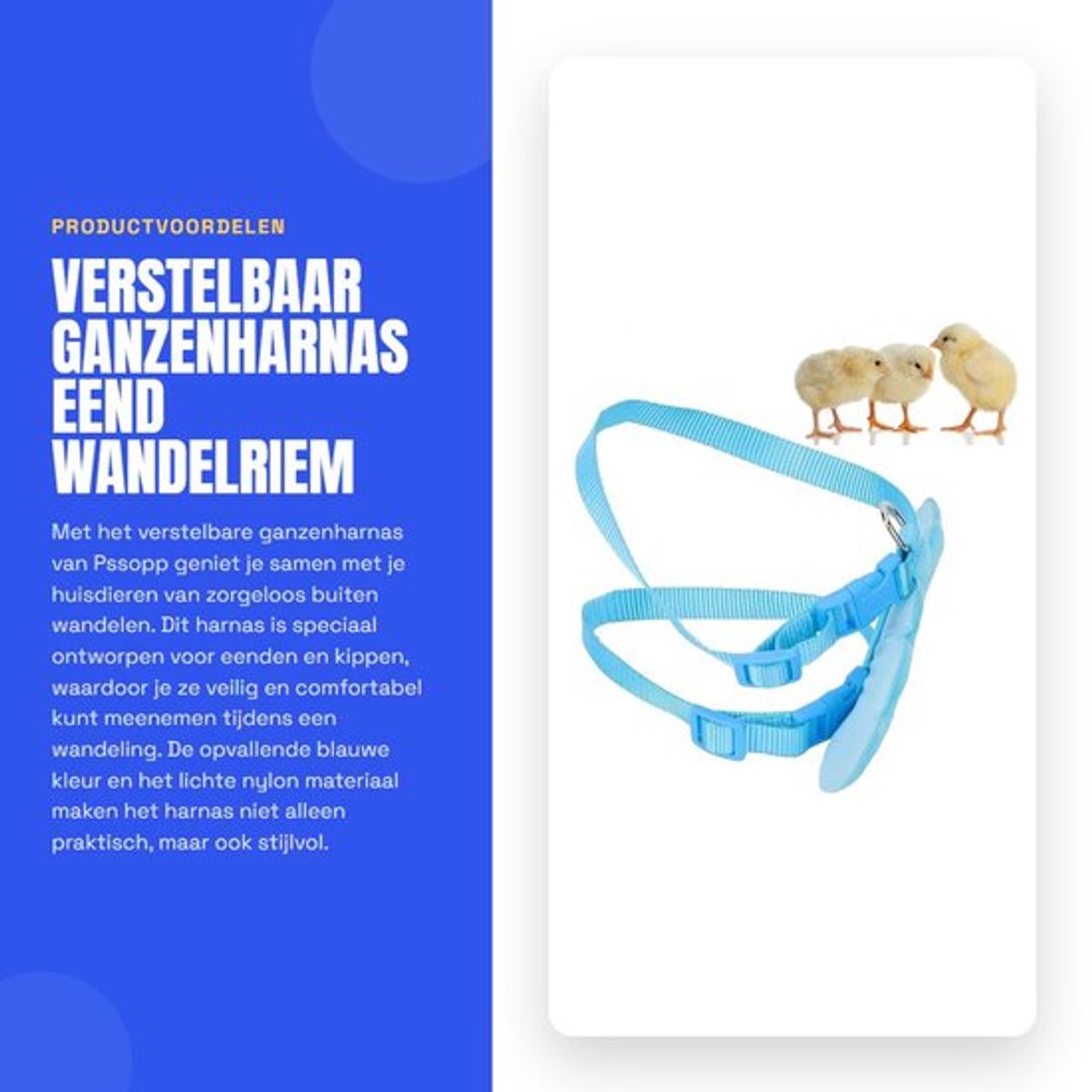 ganzenharnas verstelbaar - eend/kippen harnas - buiten harnas - wandelriem - huisdieren - blauw S - Huisdierharnas