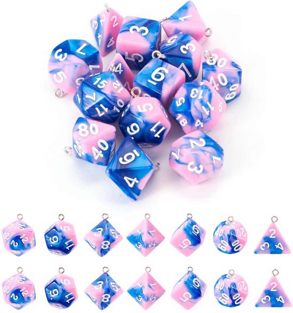 Dobbelstenen 14 Stuks - Bedels voor Sieraden Maken - D20 Hangers - Acryl en Geplatineerd Ijzer - 7 Stijlen - 19-24 mm Breed
