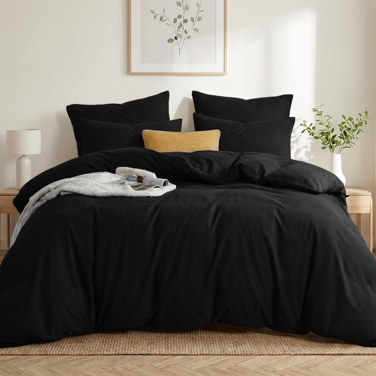 SnelShoppen - Zwart 3-delig Beddengoed Set 220 x 240 cm, Zomer Dekbedovertrek met Kussenslopen, Microvezel, Strijkvrij en Zacht, Perfect voor Slaapkam