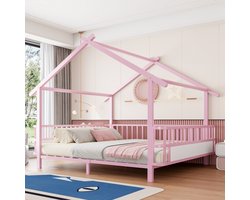 Kinder Huisbed Met Dak Metaal 140x200 - Roze Kinderbed Met Veiligheidshekje En Decoratief Frame - Speels Groot Bed Voor Kinderen