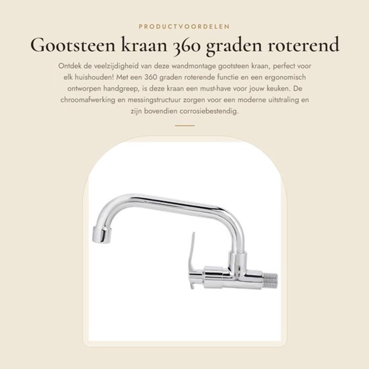 Gootsteenkraan 360° Roterend - Wandmontage - Messing/Roestvrij Staal - Ergonomische Handgreep - Corrosiebestendig - Eenvoudige Installatie - Keukenkranen