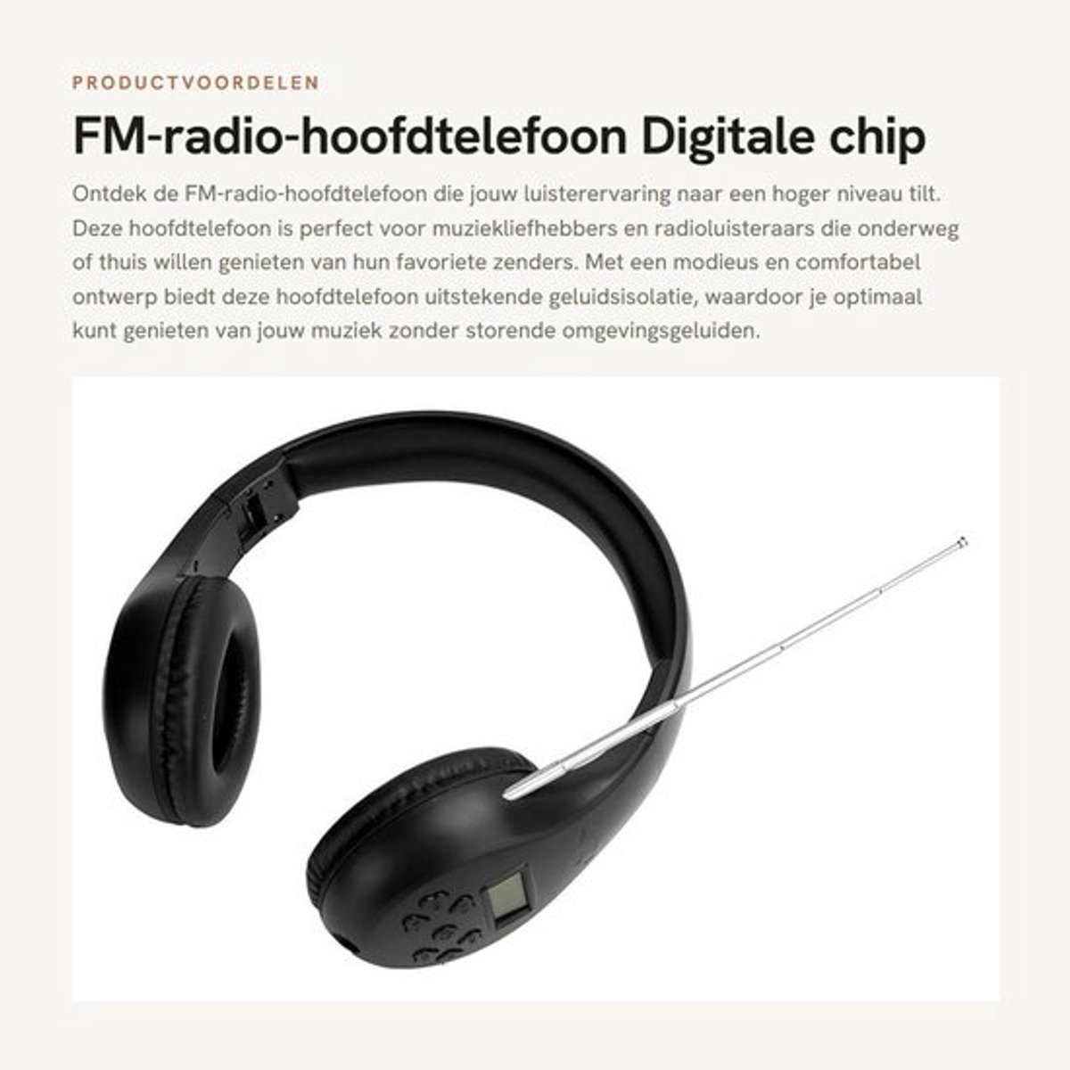 FM-hoofdtelefoon met digitaal display - externe antenne - hoge gevoeligheid - comfortabele bediening - batterijcapaciteitsindicator - schokbestendig ontwerp