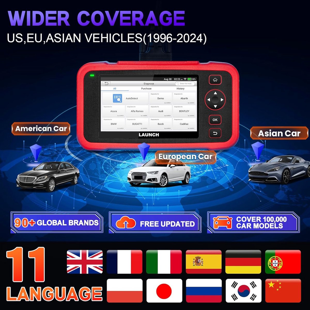 OBD2 Scanner - OBD - Uitleesapparatuur Auto - Diagnosecomputer - Storing Verwijderen - Auto Accessoires - Auto Uitlezen - 12 Reset Services - Systeem Scanner - 5" Touchscreen thumbnail 4