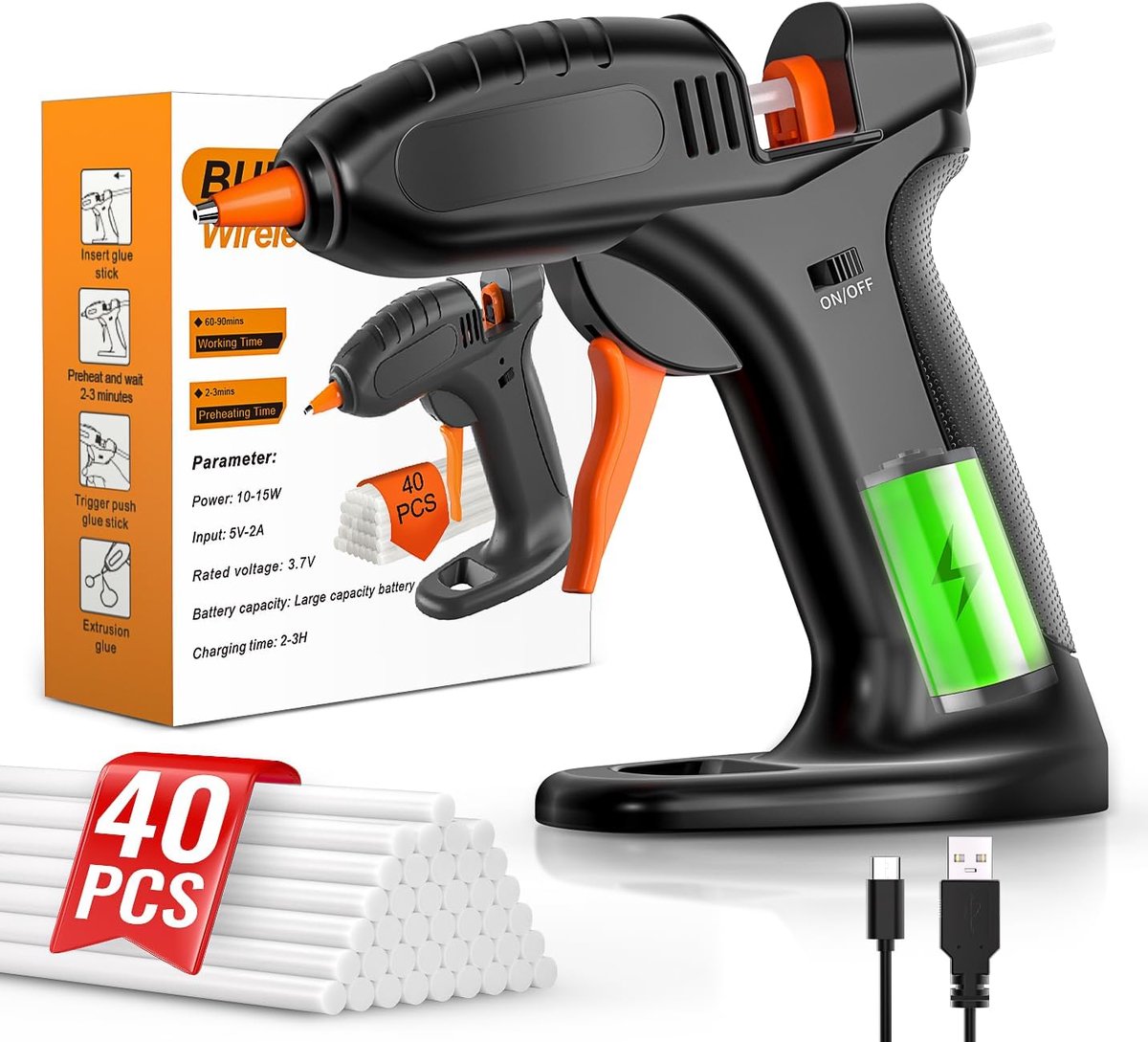SnelShoppen - Draadloze Hot Glue Gun met 40 Lijmpatronen, USB-C Oplaadbaar, 120 Sec PTC Snelle Voorverwarming voor DIY Klussen, Creatief Werk & Repara